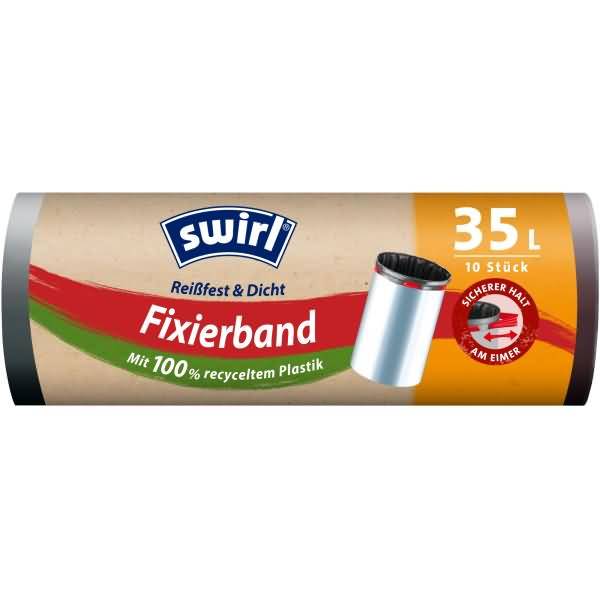 Swirl Fixierband Müllsackrolle für 35 L, 10 Beutel, mit recyceltem Kunststoff und Sicherheitshaftetiketten.