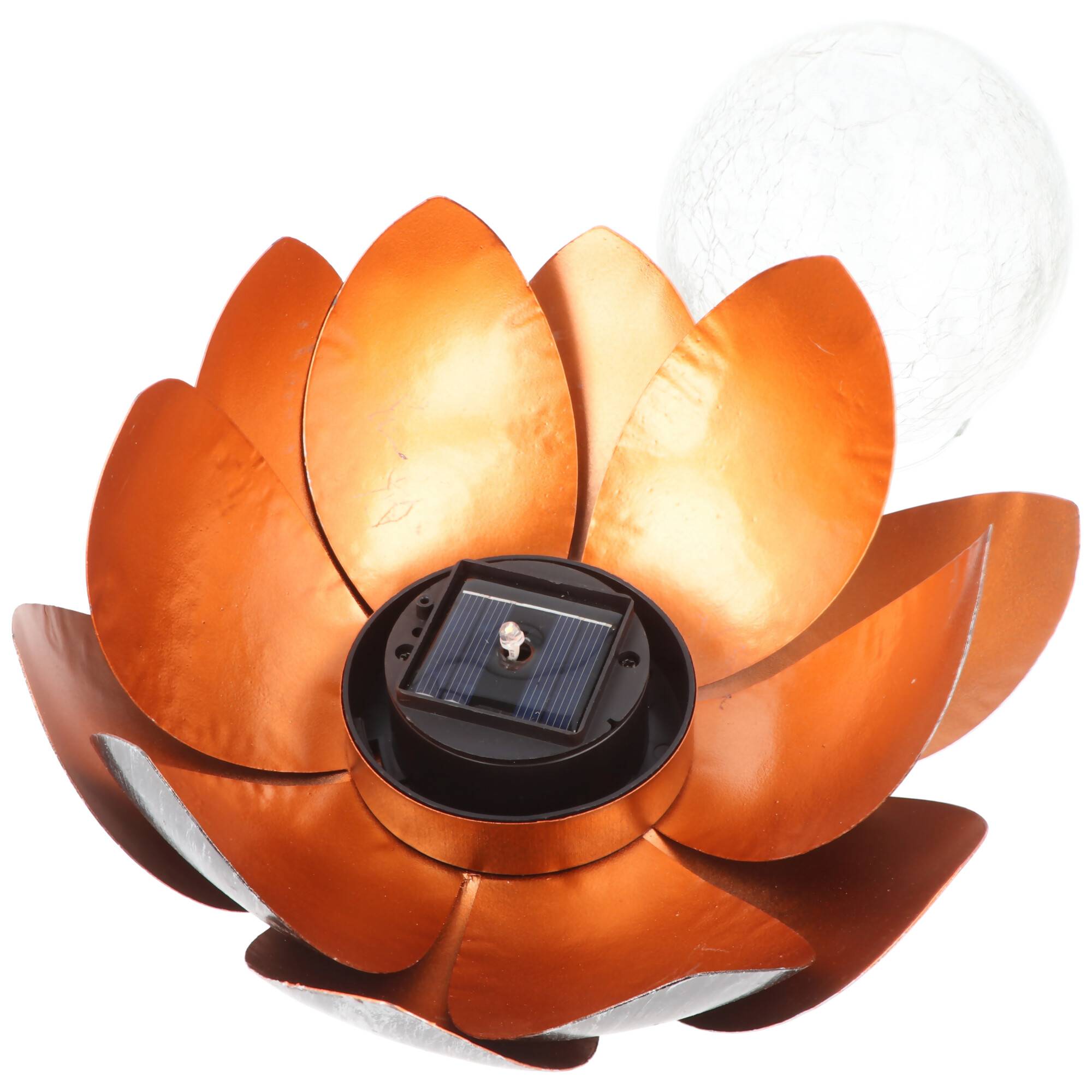 Dekorative Solar Lotusblüte aus Metall mit Glaskugel - angenehm warmweißes Licht - traumhafte Lichteffekte - Bruchglasop