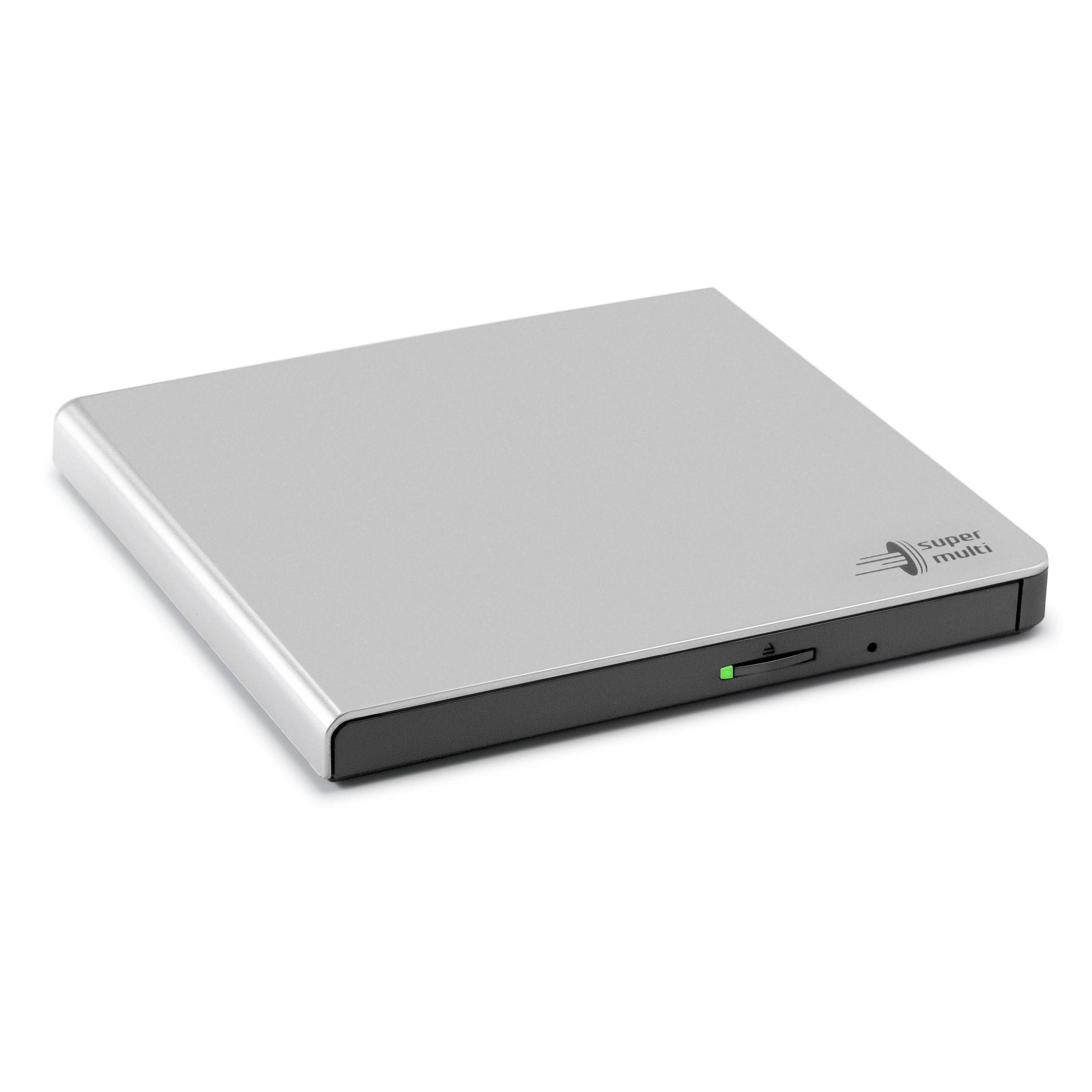 Silbernes externes DVD-Laufwerk mit frontalem Schlitz, kleine grüne Kontrollleuchte und 