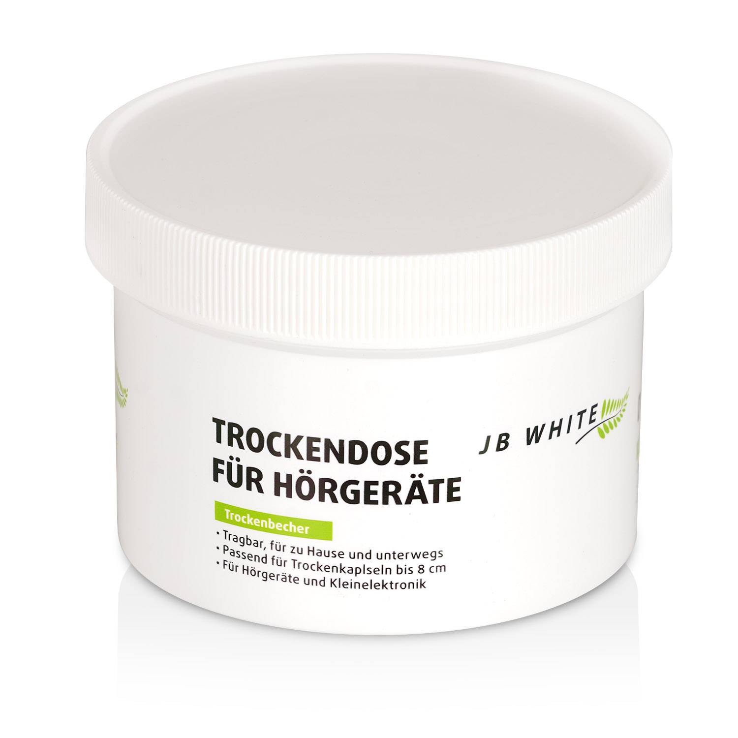 JB White Trockendose (Ø 8,5cm / H 6,5cm) mit 2 XXL Trockenkapseln (78mm / 40g) für Elektronik / Hörgerät / Otoplastik