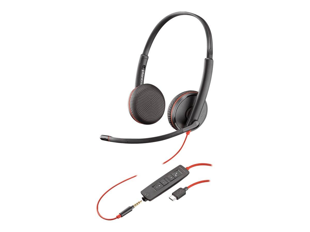 Schwarzes Over-Ear-Headset mit Boom-Mikrofon und Inline-Steuerung, dargestellt mit 3,5-mm- und USB-Anschlüssen auf weißem Hintergrund.