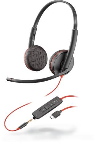 Kabelgebundenes Over-Ear-Headset mit Boom-Mikrofon und Inline-Steuerung, gezeigt mit USB- und 3,5-mm-Audiosteckern.