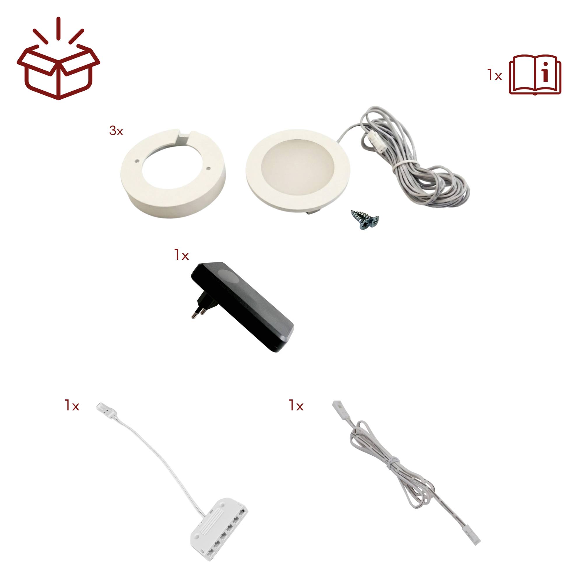 kalb | 3er Set LED Einbauspot Unterbauspot Aluminium Weiß 12VDC 3 Watt Warmweiß 6,3 cm ∅ Einbaustrahler für Möbel inkl. Aufsatzring mit Netzteil