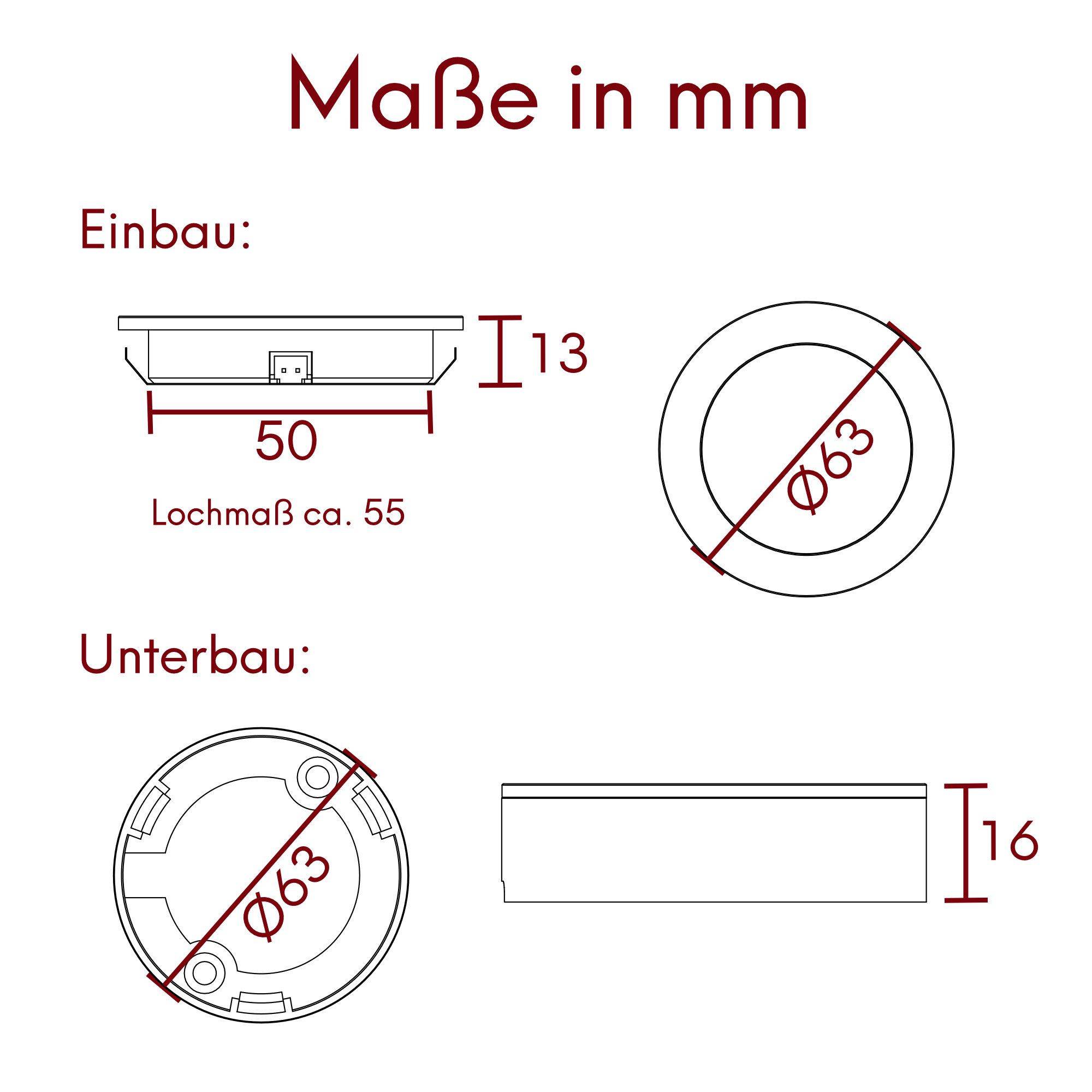 kalb | 3er Set LED Einbauspot Unterbauspot Aluminium Weiß 12VDC 3 Watt Warmweiß 6,3 cm ∅ Einbaustrahler für Möbel inkl. Aufsatzring mit Netzteil