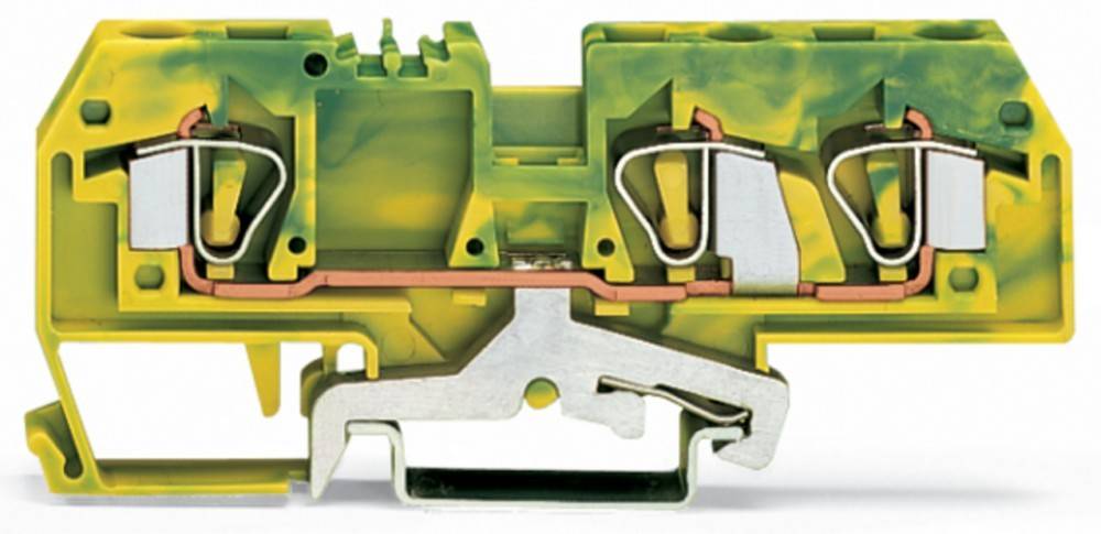 Querschnittsansicht eines elektrischen Klemmenblockes, die die internen Komponenten und Verbindungen in grüner und gelber Gehäusefarbe zeigt.