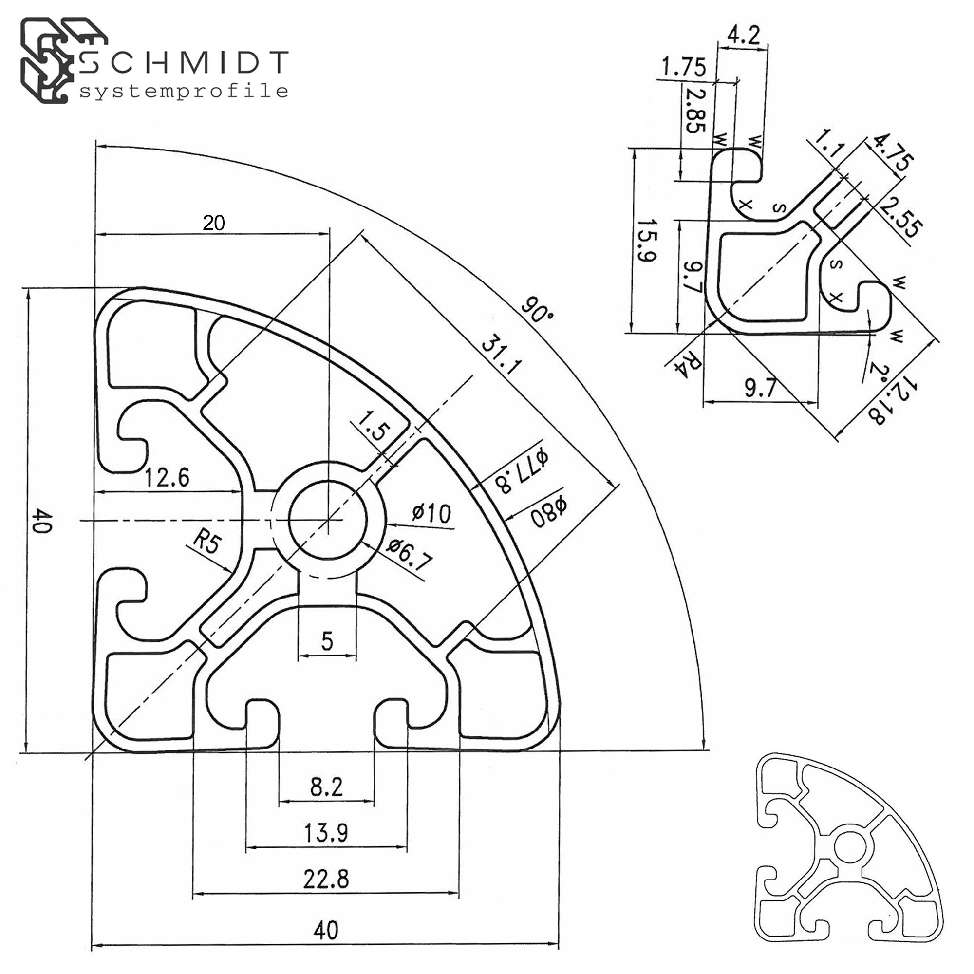 SCHMIDT systemprofile 2000mm Aluminium Profil 40x40mm Nut 8 Eckprofil Rund Weiß 4040 Alu Konstruktionsprofil Aluprofil 2m