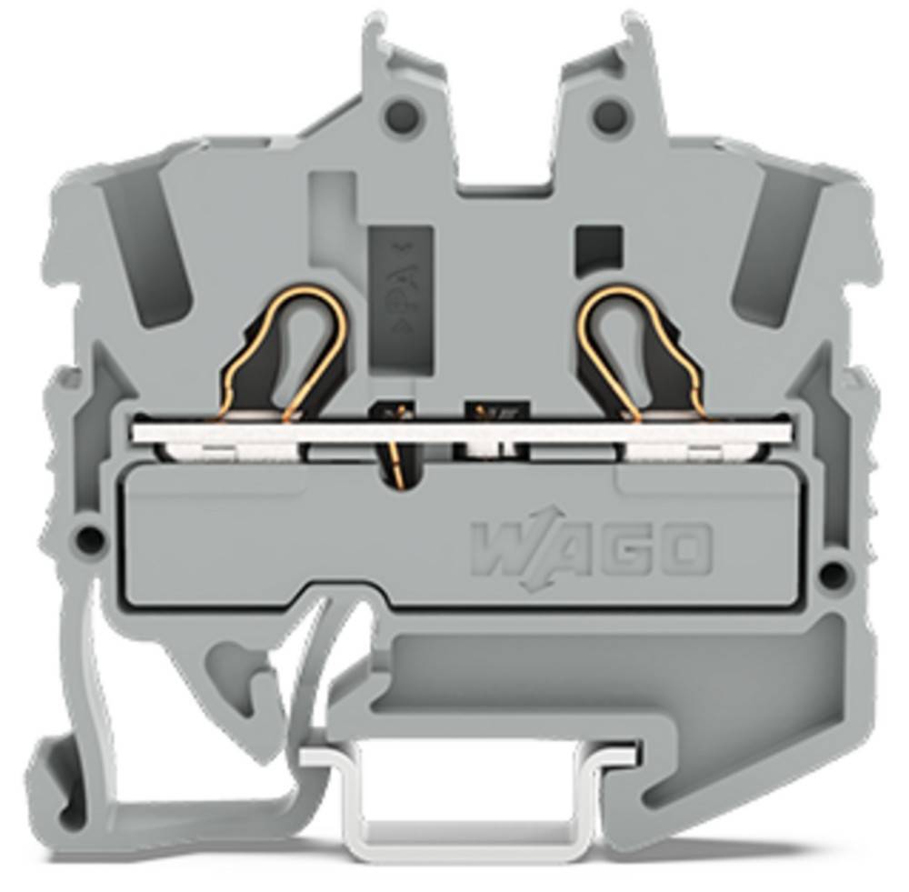 Ein grauer elektrischer Verbinder mit sichtbaren Innenkomponenten, einschließlich zwei Drahteinführungspunkten und Federmechanismen, mit der Markenbezeichnung 'WAGO'.