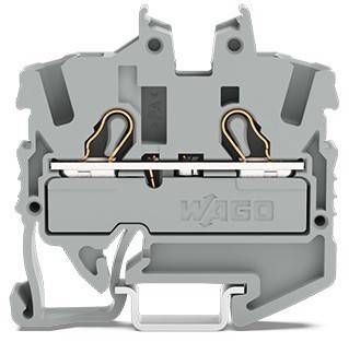 WAGO-Grau-Klemmenblock-Clip, der die internen Komponenten mit Metallklemmen und Drahtverbindungen zeigt. Entwickelt für elektrische Installationen.