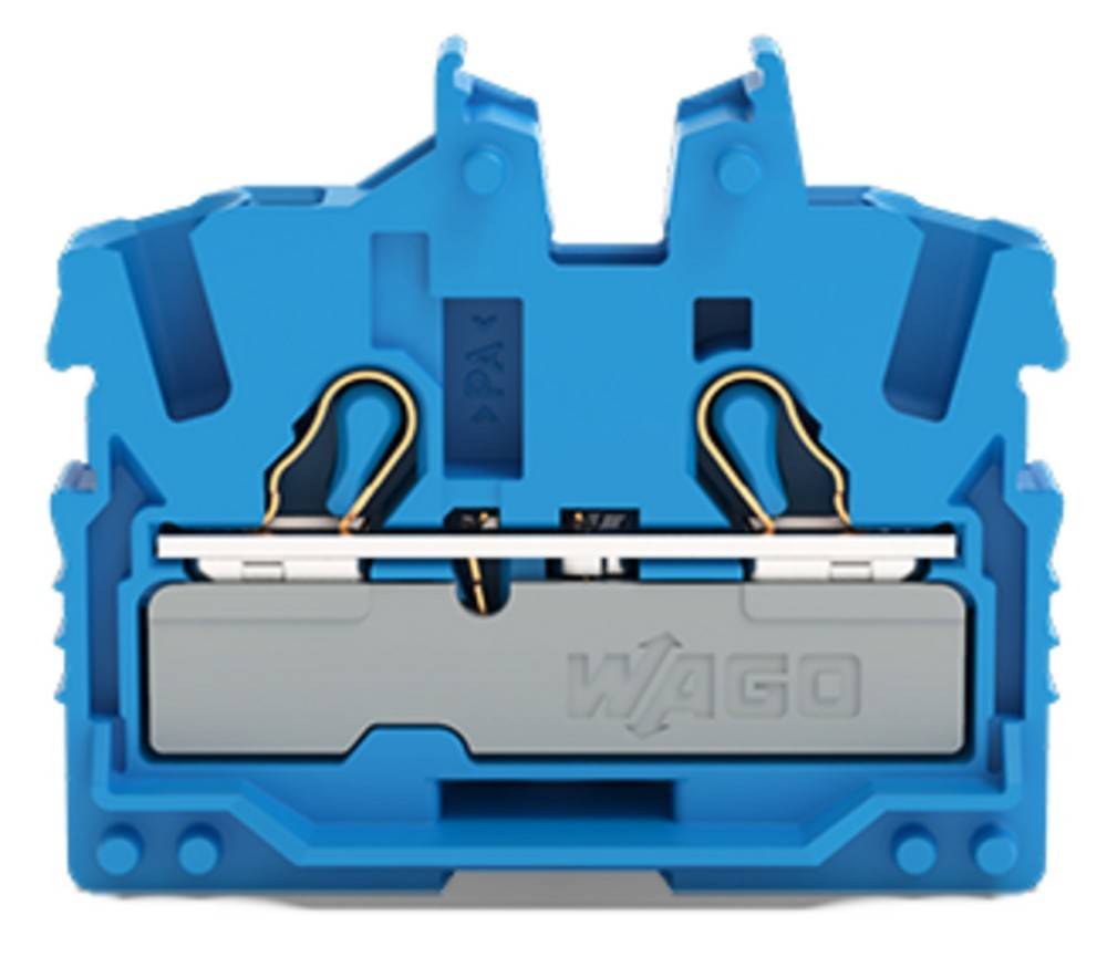 Ein blauer elektrischer Anschlussklemmenblock mit zwei Anschlusspunkten und dem 'WAGO' Logo, der zum sicheren Verbinden von elektrischen Leitungen verwendet wird.