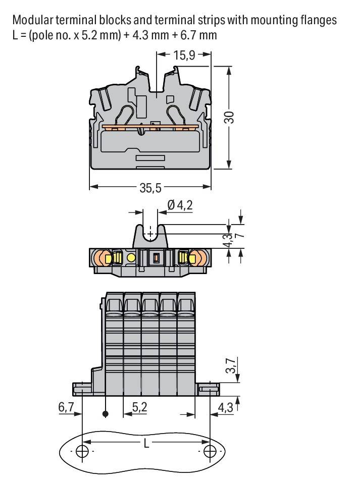 Technische Zeichnung eines Klemmenblocks mit detaillierten Abmessungen: 35,5 mm Breite, 4,2 mm Lochdurchmesser, 6,6 mm Höhe.