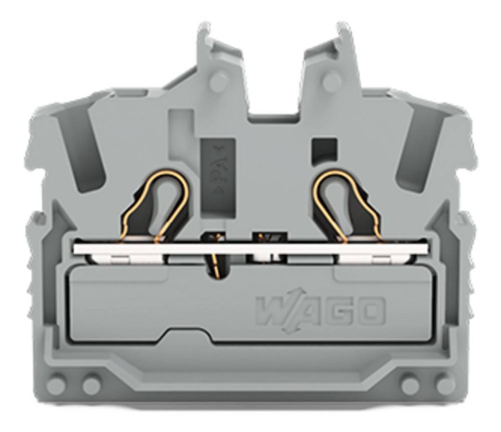 Ein grauer elektrischer Anschlussblock mit zwei Kupferdrähten, die innen verbunden sind, mit einem 'WAGO'-Logo am unteren Rand.