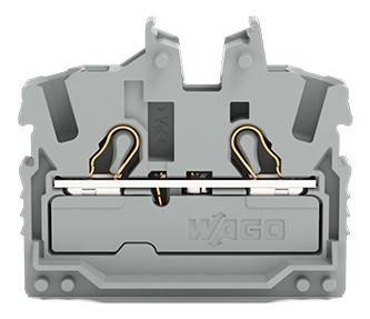 Ein grauer elektrischer Anschlussblock mit Kupferdrahtverbindern, der zum sicheren Verbinden elektrischer Schaltkreise verwendet wird.