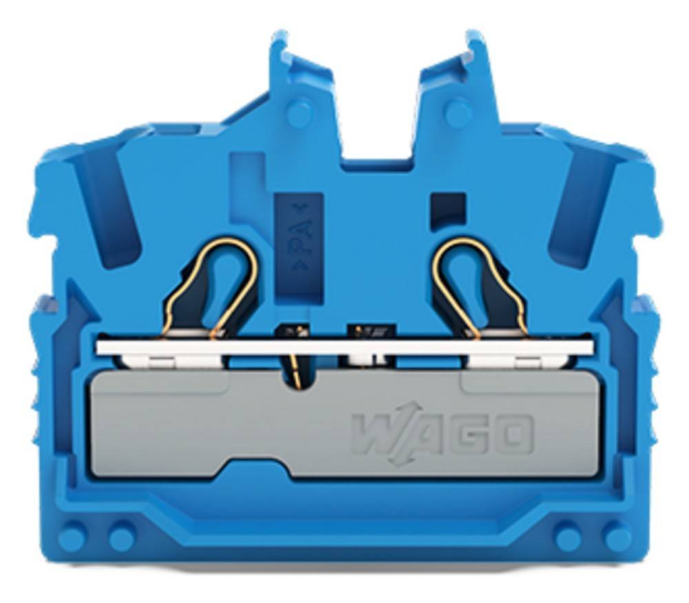 Ein blauer elektrischer Anschlussblock mit zwei Anschlusspunkten und einem 'WAGO' Logo. Wird verwendet, um elektrische Leitungen sicher zu verbinden.