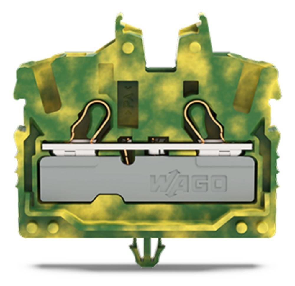 Ein grüner und gelber WAGO-Klemmenblock mit sichtbarem Federklemmmechanismus, der zum sicheren Anschluss von elektrischen Leitungen verwendet wird.