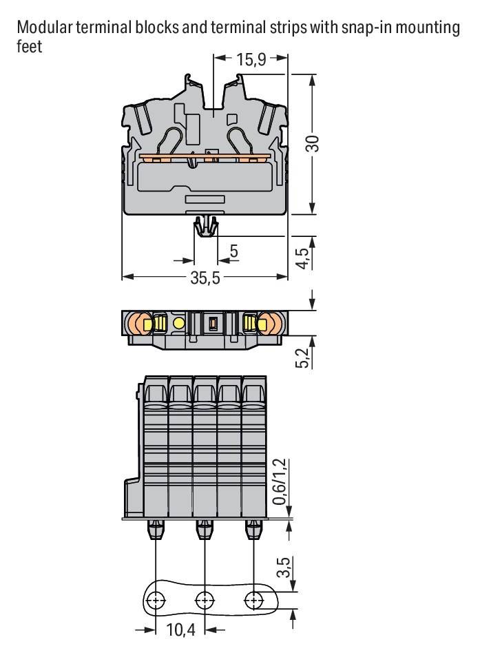 Technische Zeichnung eines Anschlussblocks mit Abmessungen: 35,5 mm breit, 30 mm hoch und 4,5 mm dick. Seitenansicht dargestellt.