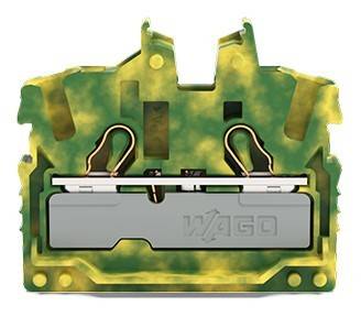 Ein gelber und grüner elektrischer Anschlussblock mit zwei Metallklemmen und einer grauen Kunststoffbasis mit der Aufschrift 'WAGO'.