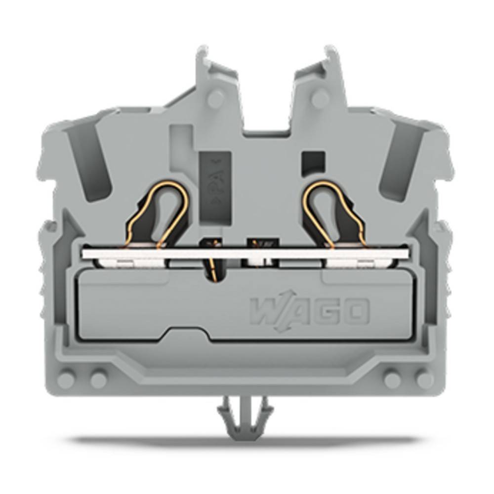 Ein grauer elektrischer Anschlussblock mit einem sicheren Klemmmechanismus, konzipiert für das Verbinden von Kabeln in elektrischen Installationen.