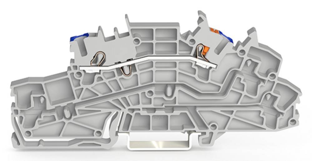 Graue und orange industrielle Komponente mit komplexen geometrischen Mustern, Verdrahtungskanälen und Anschlüssen, möglicherweise ein Reihenklemmenblock.