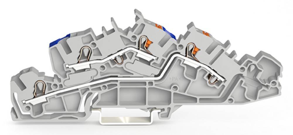 Querschnittsansicht eines modularen Klemmblocks, die interne Leitungswege und Verbindungen zeigt, mit Hervorhebung der Verdrahtungskanäle und Kontaktpunkte.