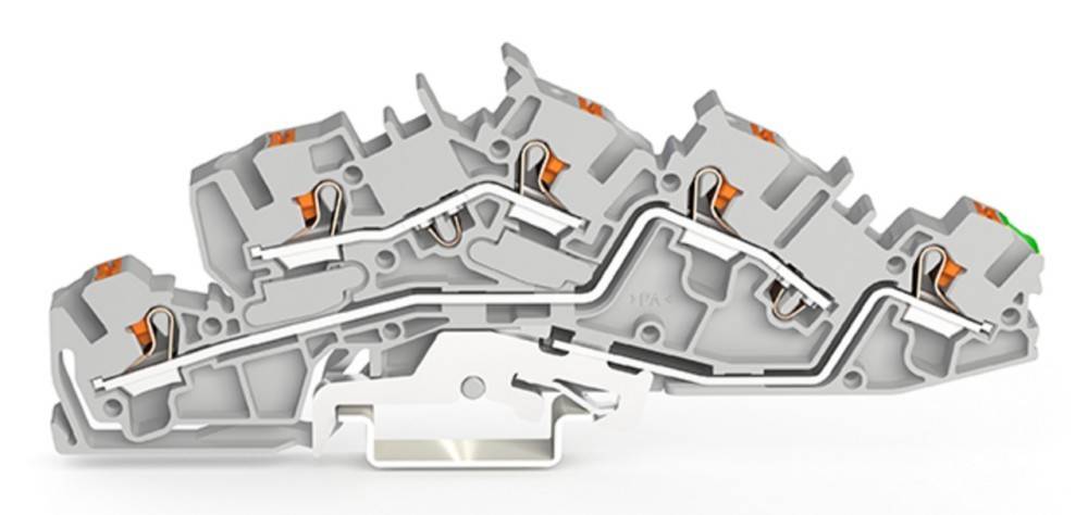 Industrieller elektrischer Klemmenblock, Schnittansicht mit sichtbaren internen Kupferverbindungen und Kunststoffgehäuse, verwendet bei der Schaltungsintegration.