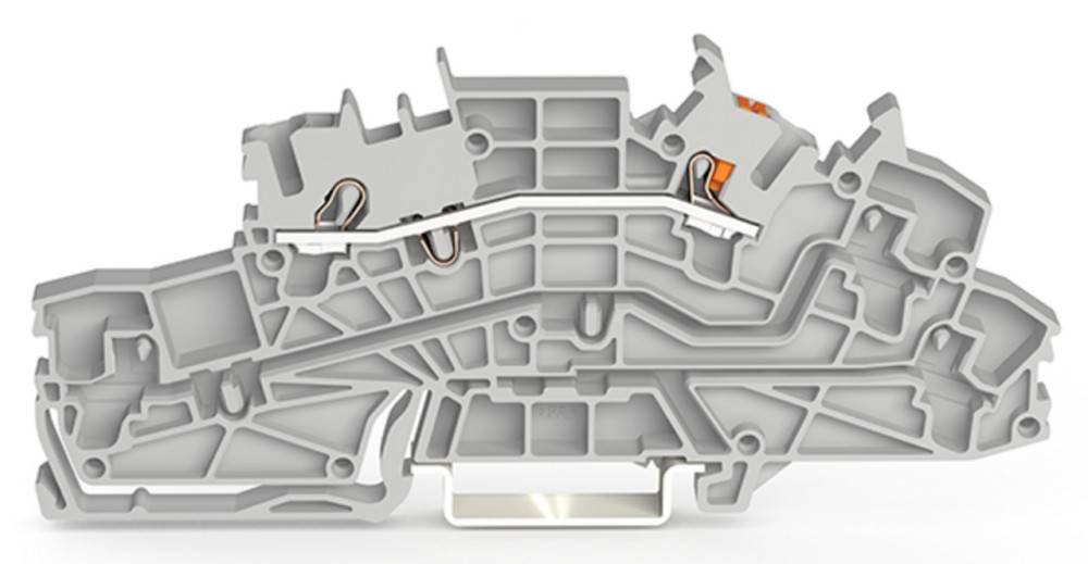 Ein grauer Kunststoff-Elektro-Klemmenblock mit internen Metallkomponenten und Verdrahtungskanälen, verwendet zum Verbinden elektrischer Schaltkreise.