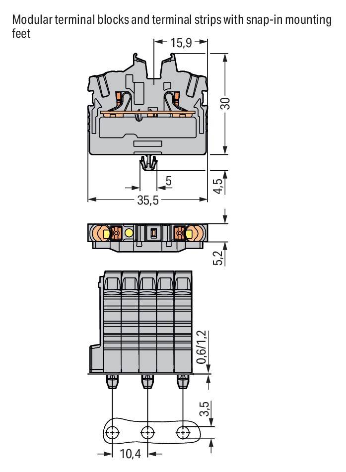 Technische Zeichnung eines Reihenklemmenblocks mit Maßangaben: 35,5 mm Breite, 30 mm Höhe und 4,5 mm Dicke. Detaillierte Komponentenansicht.
