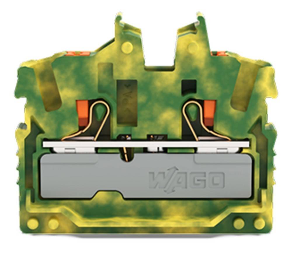 Querschnitt eines elektrischen Klemmenblockes, der die Kupfer-Leiterbahnen und das Isoliermaterial zeigt. Das WAGO-Logo ist auf dem Block sichtbar.