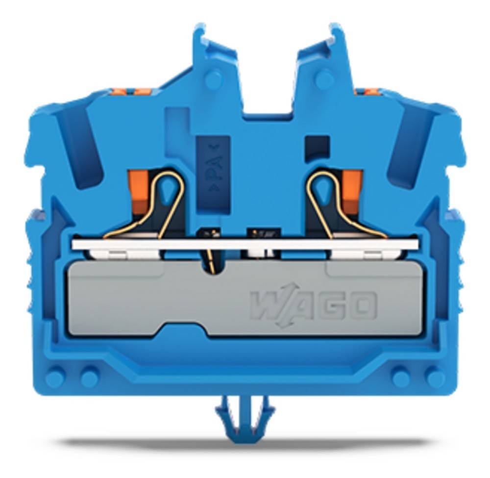 Blauer elektrischer Klemmblock, der interne Verbindungen und Komponenten zeigt, mit dem Markennamen 'WAGO', der auf der Vorderseite sichtbar ist.