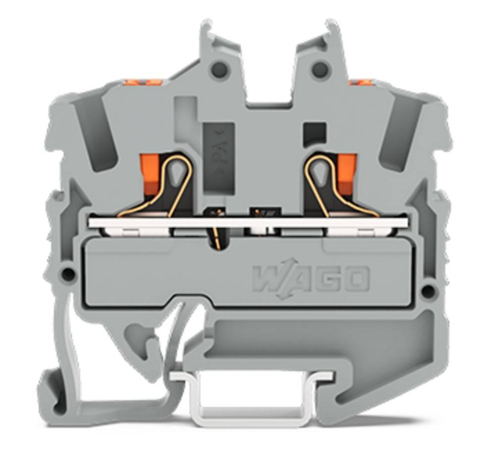 Ein grauer elektrischer Anschlussblock mit orangefarbenen Hebeln und dem eingraviertem Wort 'WAGO', der zum sicheren Verbinden von Drähten in Schaltkreisen verwendet wird.