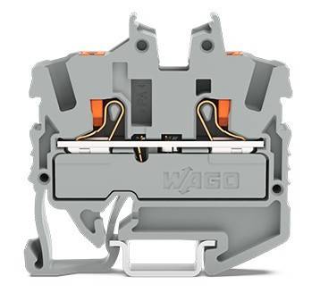 Ein grauer Terminalblock mit zwei orangen Hebeln und internen Metallverbindern, der für elektrische Leitungsverbindungen verwendet wird.