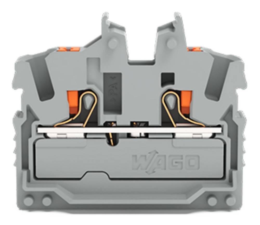 Ein grauer elektrischer Anschlussblock mit einem orangefarbenen Entriegelungshebel, ausgestattet mit der Markenbezeichnung 'WAGO', konzipiert für sichere Drahtverbindungen.