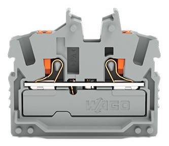 Ein grauer elektrischer Anschlussblock mit orangefarbenen Hebeln, ausgestattet mit Metallkontaktpunkten und dem auf der Oberfläche geprägten Wort 'WAGO'.