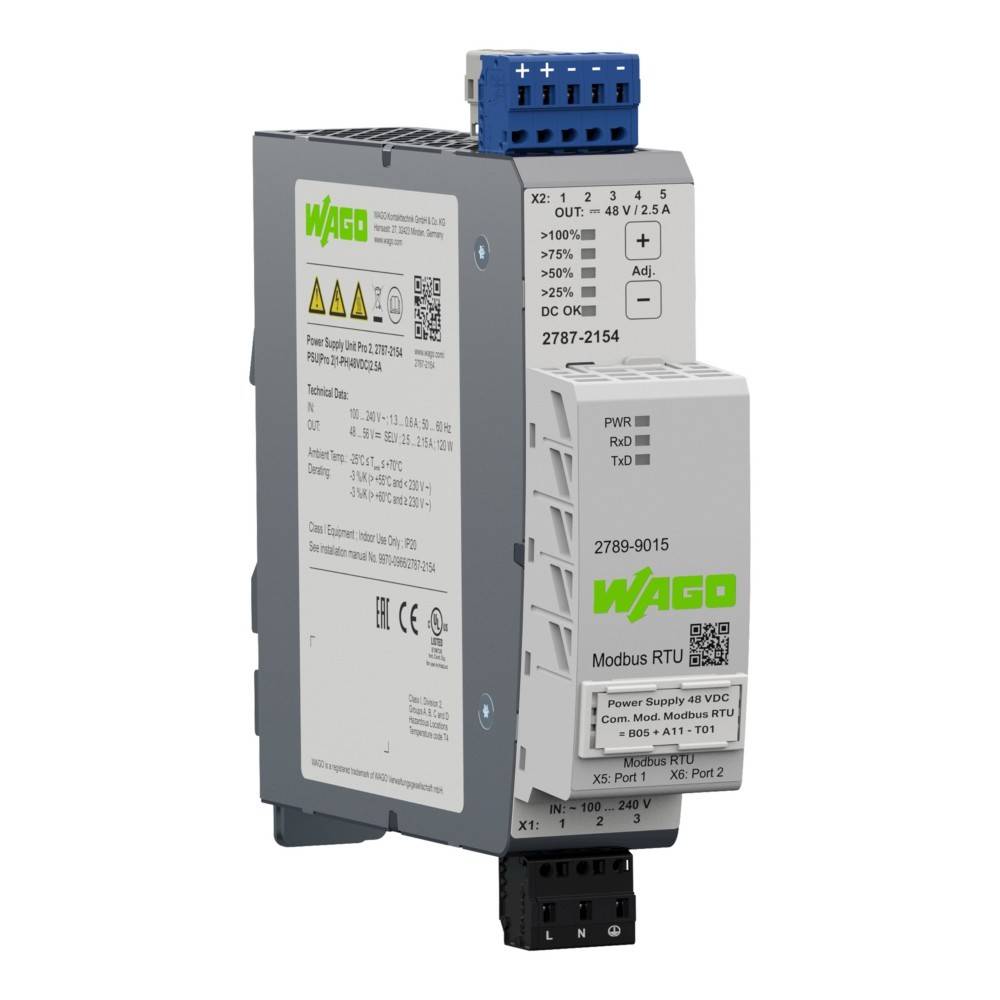WAGO-Modbus-RTU-Gerät mit mehreren Anschlüssen und beschrifteten Statusanzeigen, verwendet für industrielle Automation und Datenkommunikation.