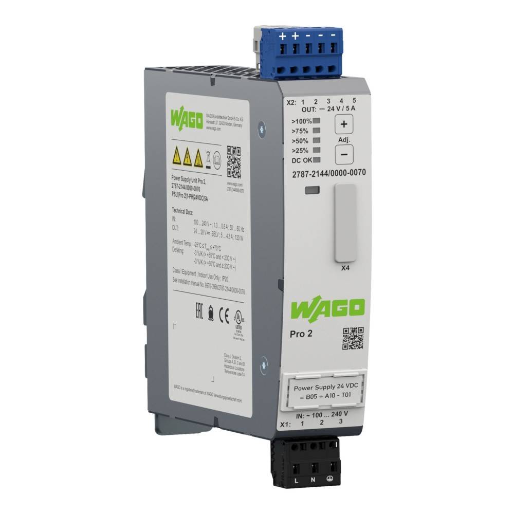 Netzteilmodul 'WAGO Pro 2', mit seitlicher Beschriftung des Modells 2787-2144/0000-0070. Zeigt Eingangs-/Ausgangsspezifikationen und Anschlüsse.