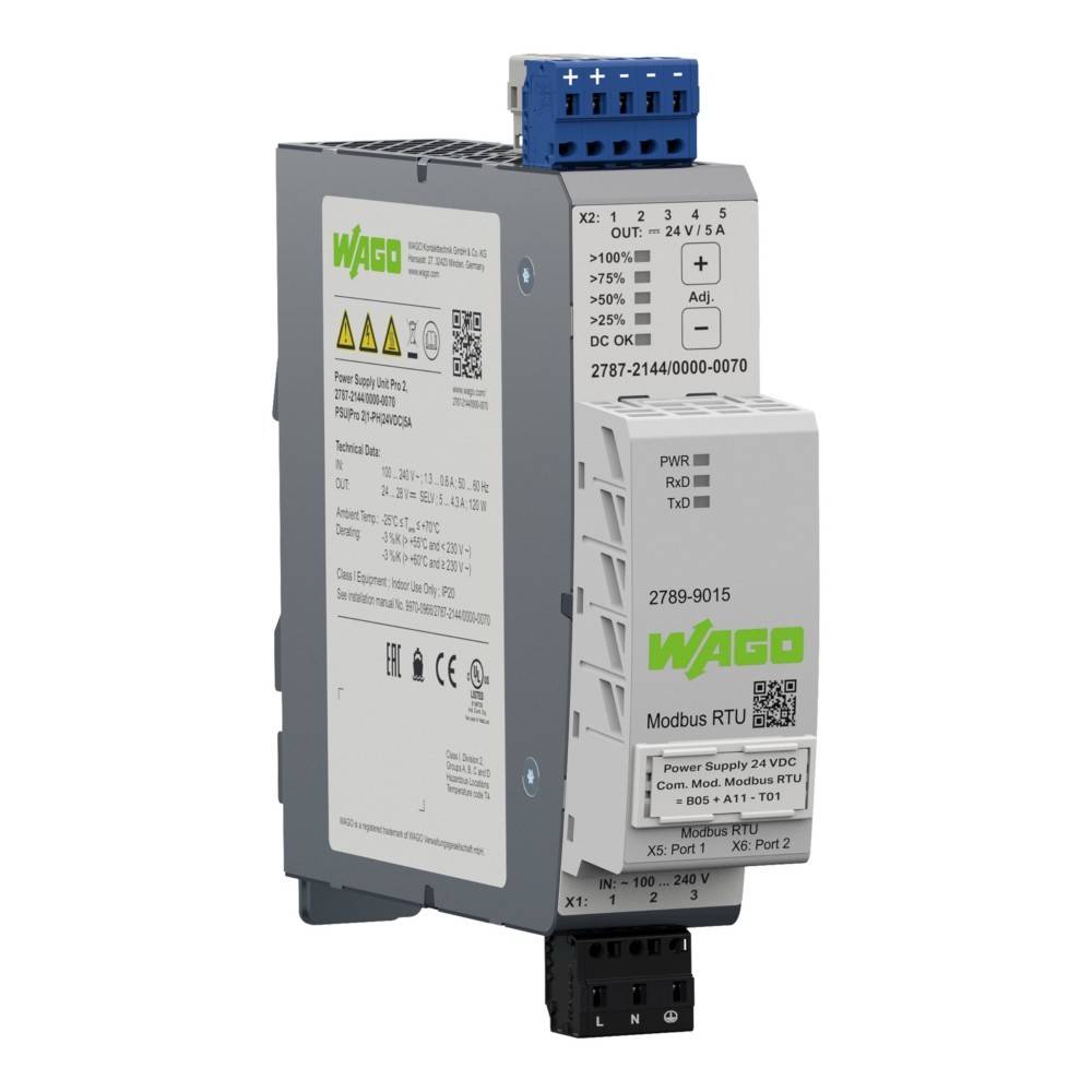 Ein WAGO Netzteil- und Kommunikationsmodul mit Anschlüssen, Ports und beschrifteten Spezifikationen für Modbus RTU und Stromverteilung.