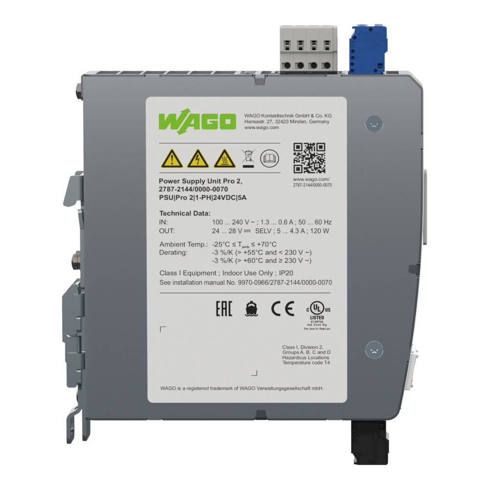 WAGO Netzteil Pro 2, Modell 787-2144, Eingangsspannung: 100–240V, Ausgangsspannung: 24V, technische Daten beigelegt, graues Gehäuse mit Anschlüssen.