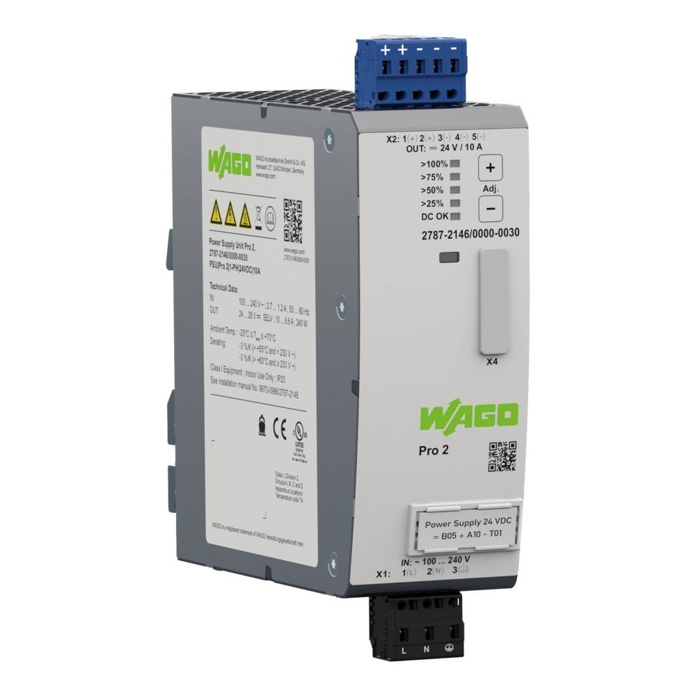 WAGO Pro 2 Netzteil mit Produktetiketten, Seriennummer 2787-2146/0000-0050, mit Eingabe-Ausgabe-Details und Zertifizierungen.
