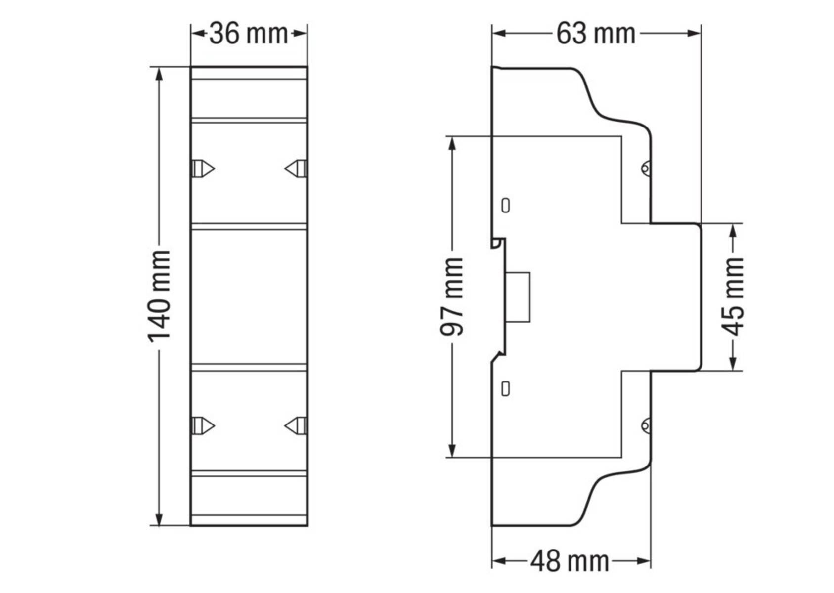 Technische Zeichnung einer elektrischen Komponente mit Abmessungen: 140 mm hoch, 36 mm breit, 97 mm Tiefe mit 63 mm und 48 mm Abschnitten.
