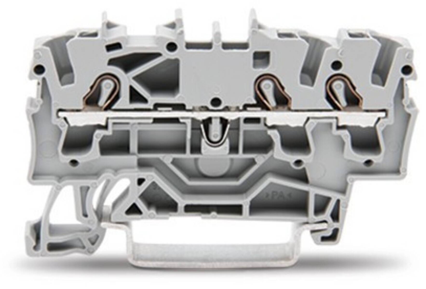Querschnitt eines grauen elektrischen Klemmenblocks, der interne Verbinder, Kanäle und Befestigungssockel zeigt, der für Verdrahtungssysteme verwendet wird.
