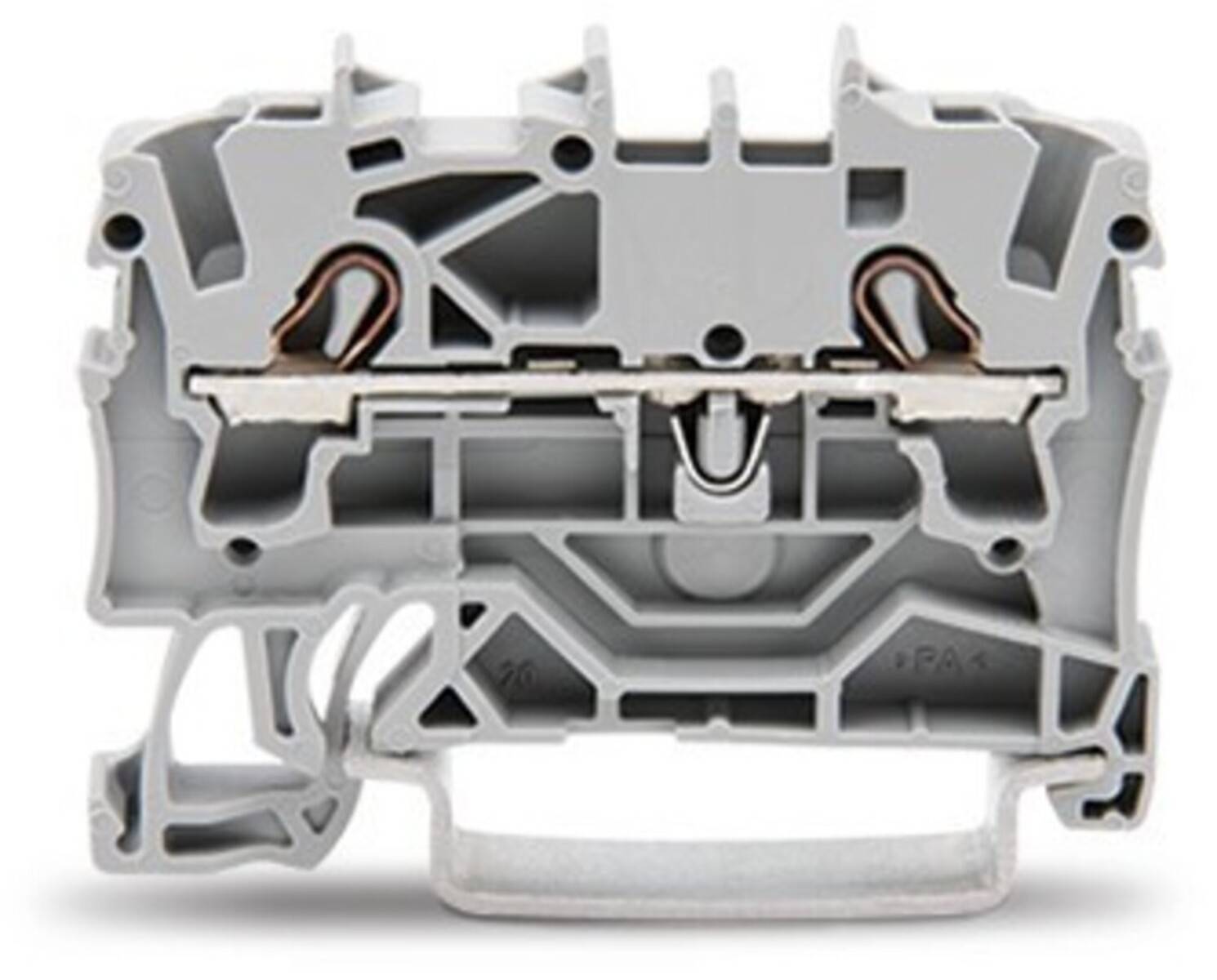 Eine Nahaufnahme eines grauen elektrischen Anschlusskastens mit sichtbaren metallischen Leitteilen im Inneren, der zum Anschluss von elektrischen Kabeln verwendet wird.