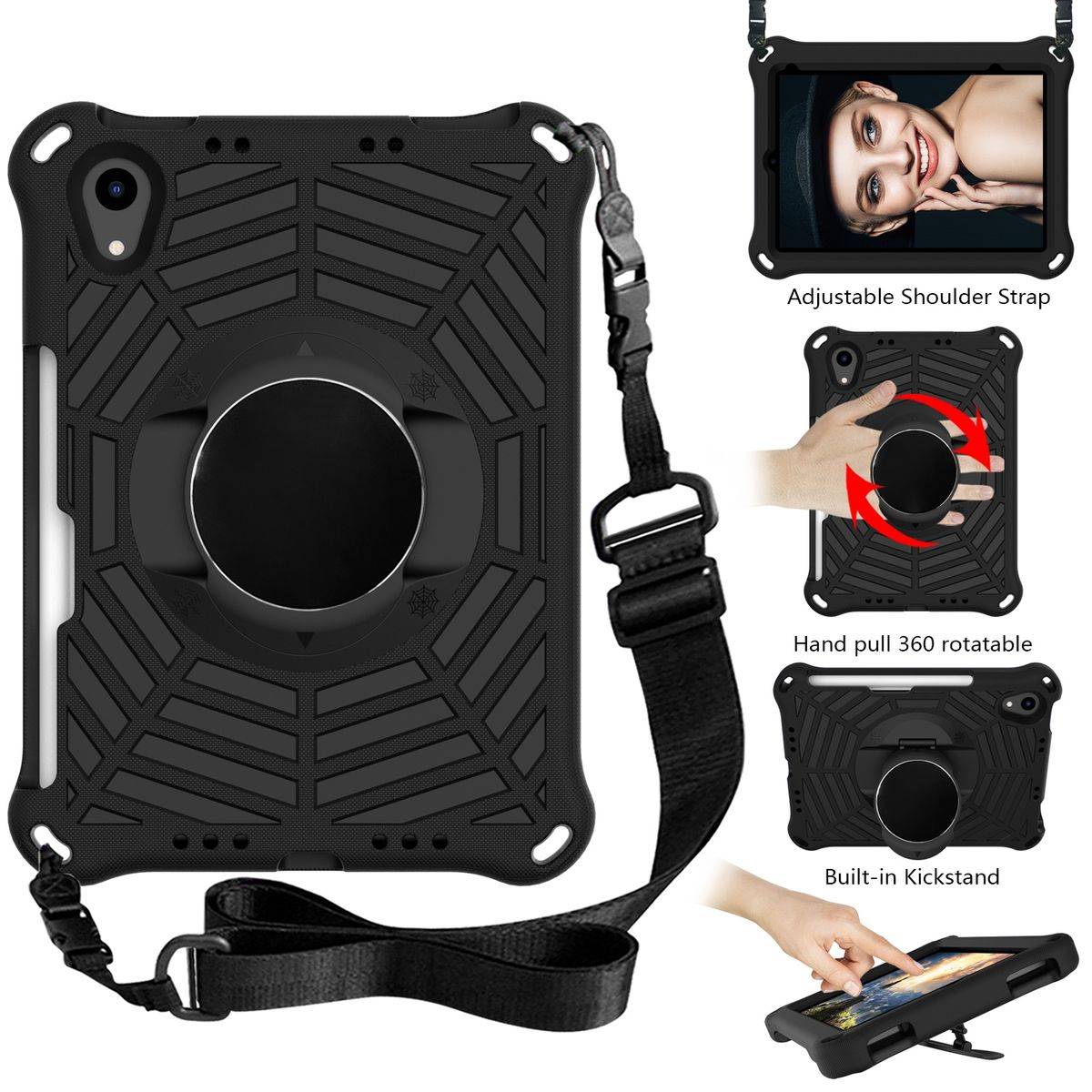 Für Apple iPad Mini 6 2021 aufstellbare Outdoor Hybrid Schwarz 360 Grad mit Trage Gurt Tablet Tasche Etuis Cover Case Schutz Robust Neu