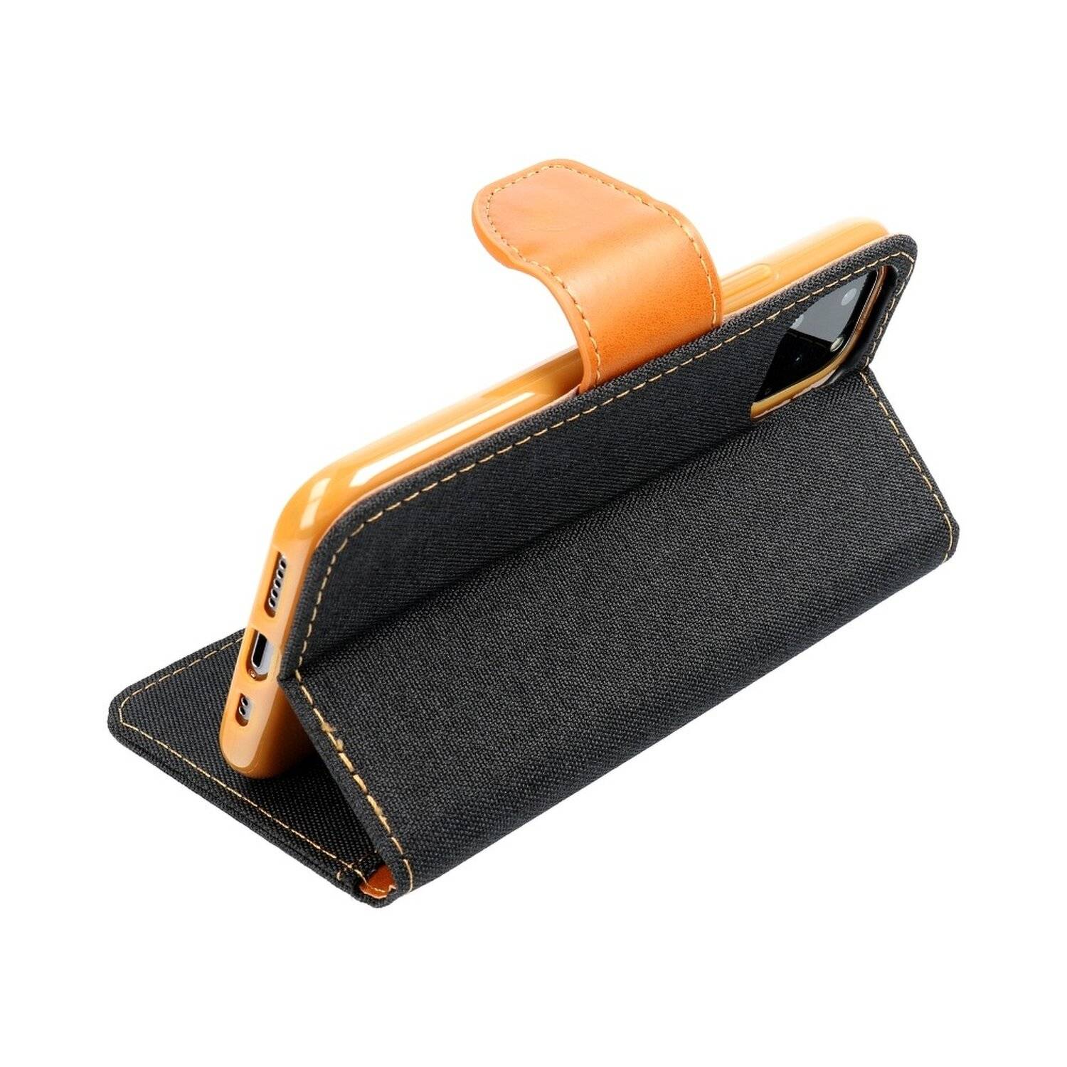 Elegante Buch-Tasche Hülle Fancy "Canvas"Book-Style Kartenfächer Wallet Schale kompatibel mit iPhone 13 Mini Schwarz