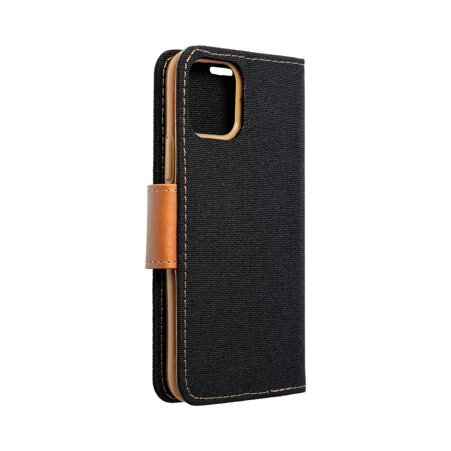 Elegante Buch-Tasche Hülle Fancy "Canvas"Book-Style Kartenfächer Wallet Schale kompatibel mit iPhone 13 Pro Schwarz