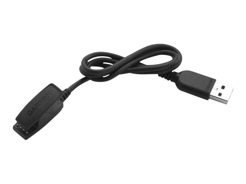 Ladekabel mit USB-Anschluss und proprietärem Garmin-Anschluss zum Synchronisieren und Laden eines Geräts. Das Kabel ist zu einer einfachen Schlaufe aufgewickelt.