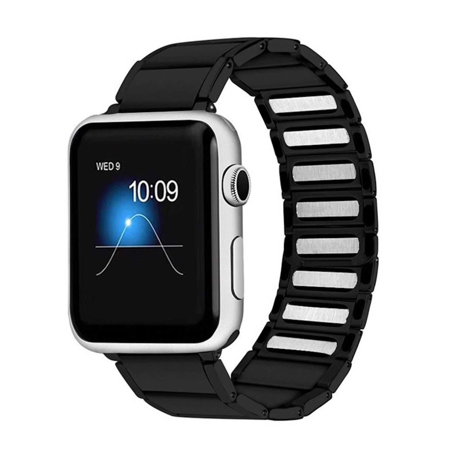 Silberne Apple Watch mit schwarzem Armband, auf dem Display werden 10:09 und MI 9 angezeigt.