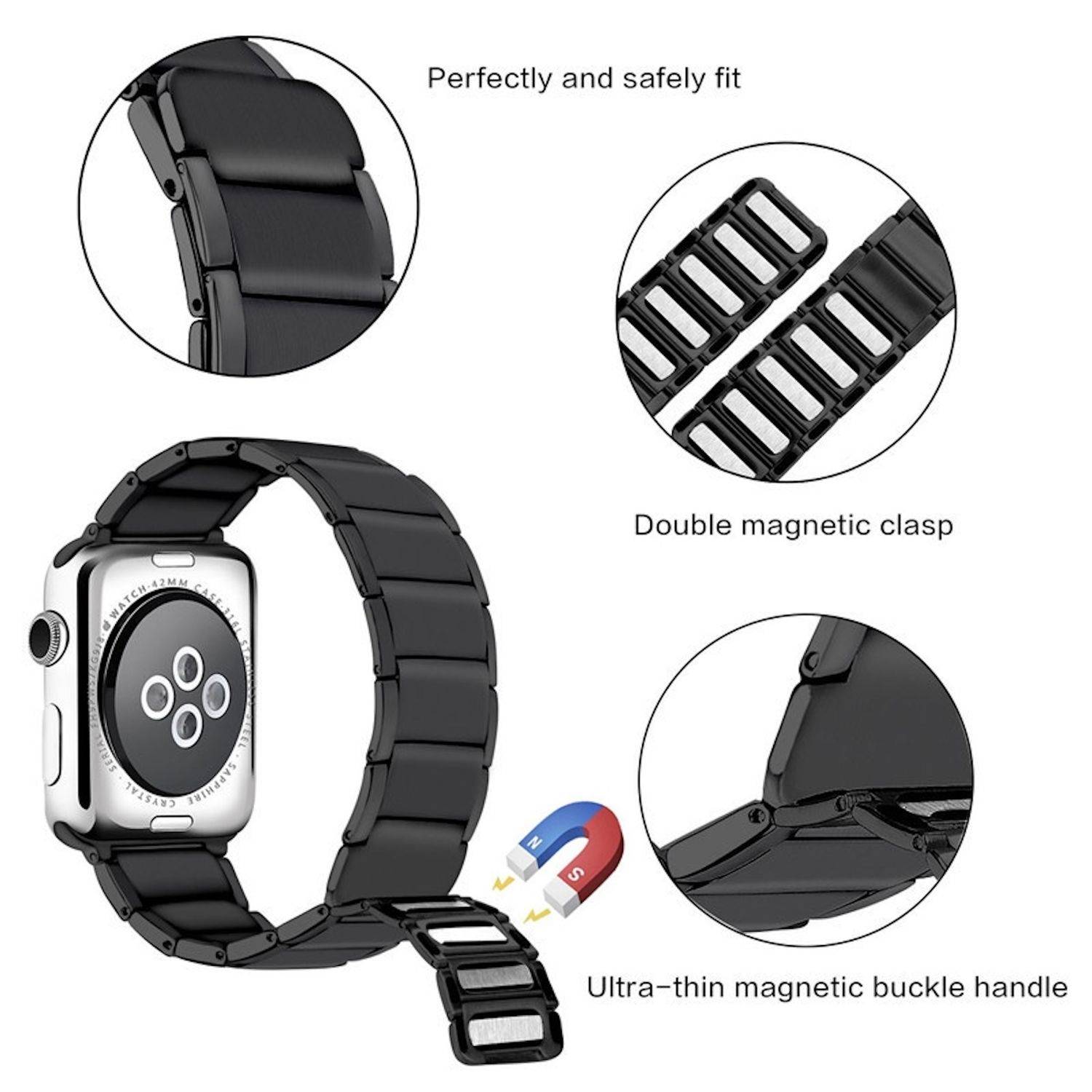 Schwarzes Apple Watch Armband mit magnetischer Schließe, gezeigt mit Nahaufnahmen der doppelten magnetischen Schnalle und ultradünnem Schnallengriff, wobei eine sichere Passform betont wird.