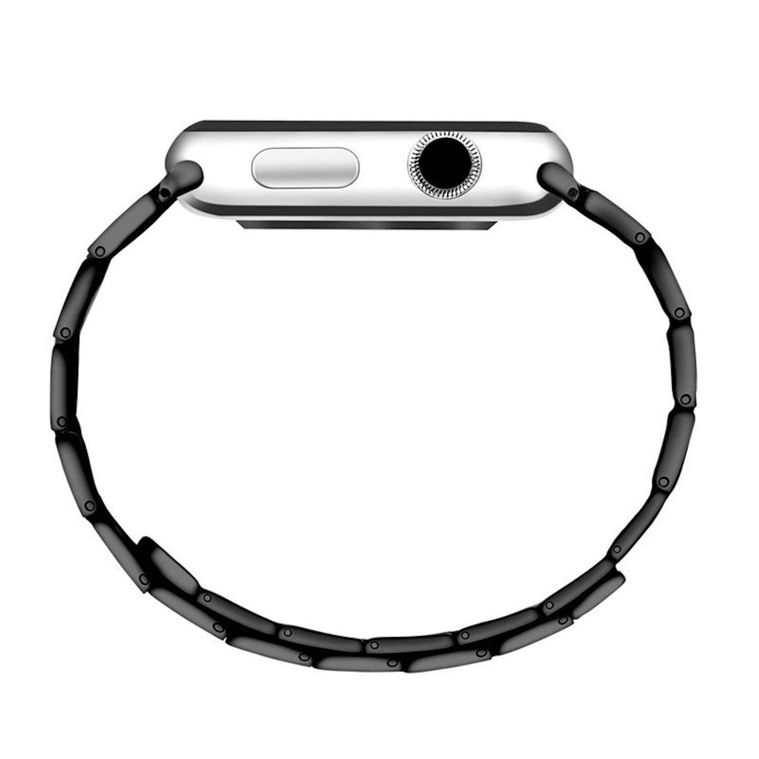 Schwarze Smartwatch mit silbernem Gehäuse und runder digitaler Krone, in Profilansicht mit schwarzem Gliedband auf weißem Hintergrund gezeigt.