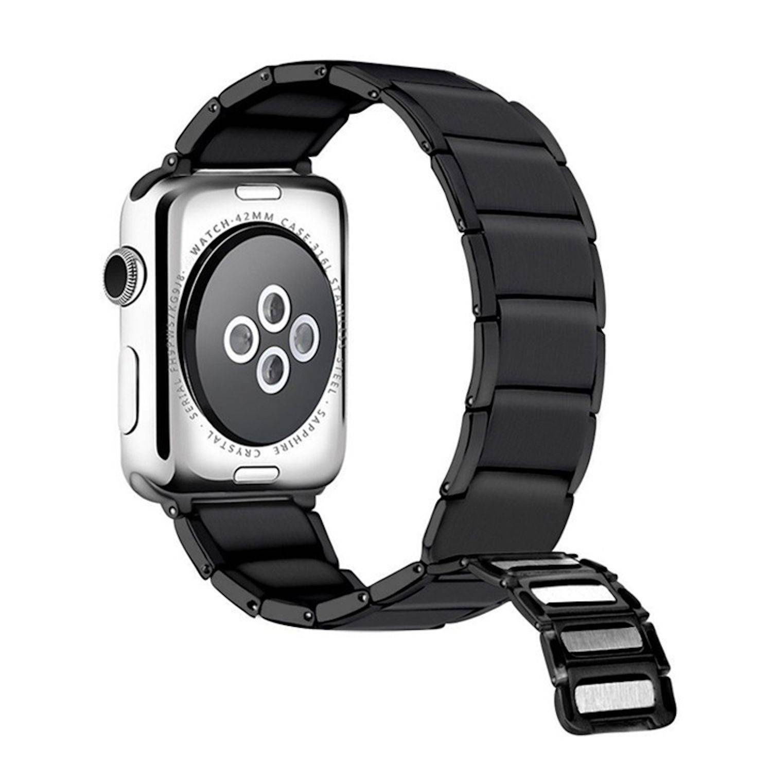 Apple Watch mit schwarzem Metallarmband und silbernem Gehäuse, in Profilansicht vor weißem Hintergrund dargestellt.