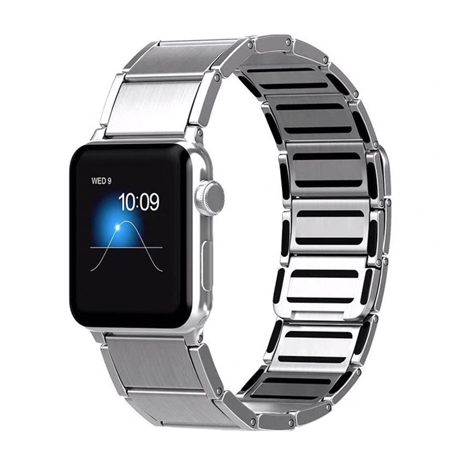 Silberne Smartwatch mit schwarzem Display, das 10:09 anzeigt, kombiniert mit einem Metallgliedband auf weißem Hintergrund.