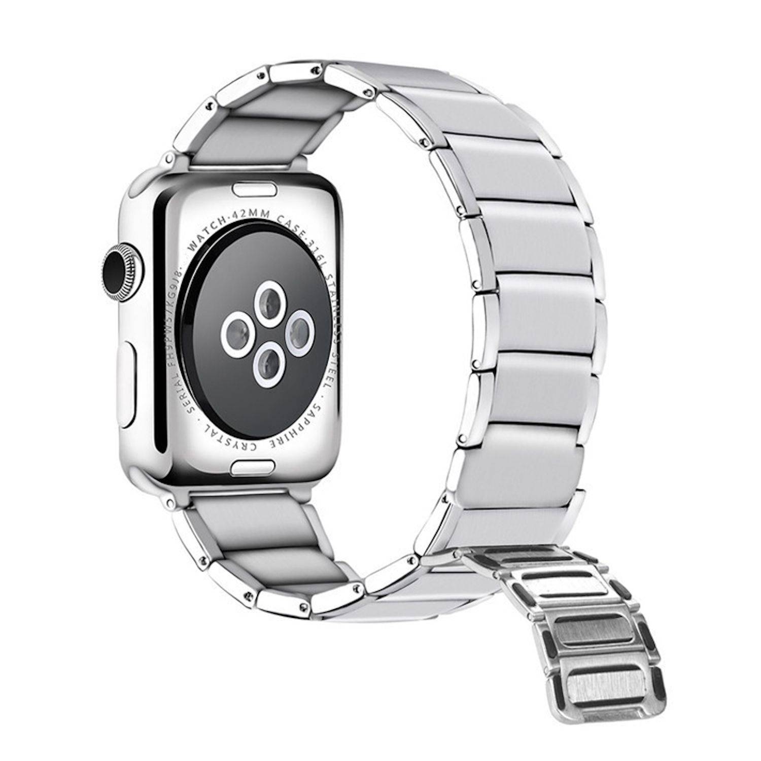 Silberne Apple Watch mit Edelstahl-Gliederarmband, von hinten auf weißem Hintergrund gezeigt.